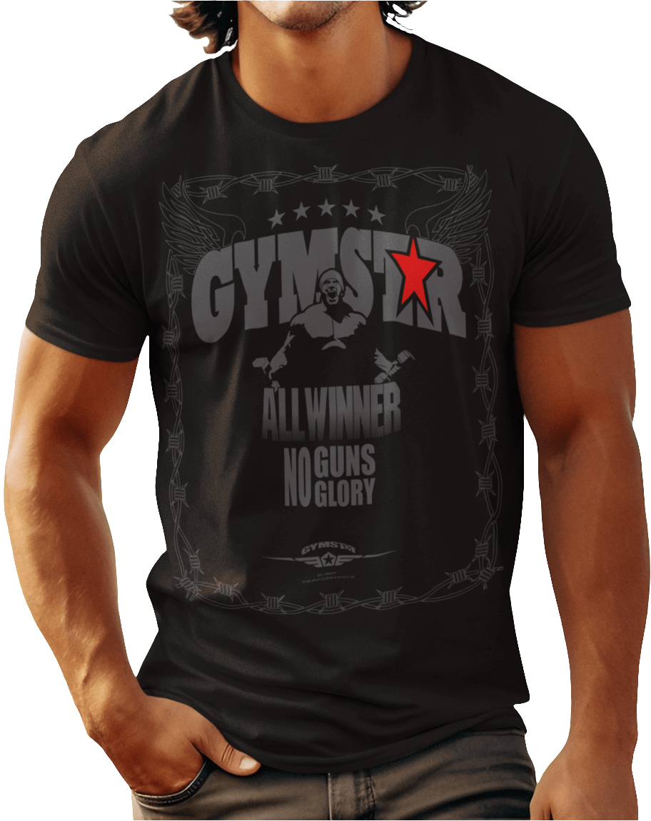 A man wearing black Gymstar tee with a red and black graphic that reads 'No Guns No glory' and has a big star and a Man lifting dumbbellsl, presumably bodybulding or fitness.