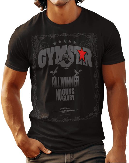 A man wearing black Gymstar tee with a red and black graphic that reads 'No Guns No glory' and has a big star and a Man lifting dumbbellsl, presumably bodybulding or fitness.