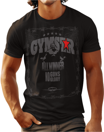 A man wearing black Gymstar tee with a red and black graphic that reads 'No Guns No glory' and has a big star and a Man lifting dumbbellsl, presumably bodybulding or fitness.