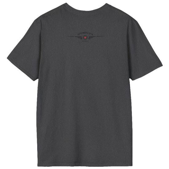 A grey Gymstar tee with a red and black graphic that reads 'No Guns No glory' and has a big star and a Man lifting dumbbellsl, presumably bodybulding or fitness. Rear view.