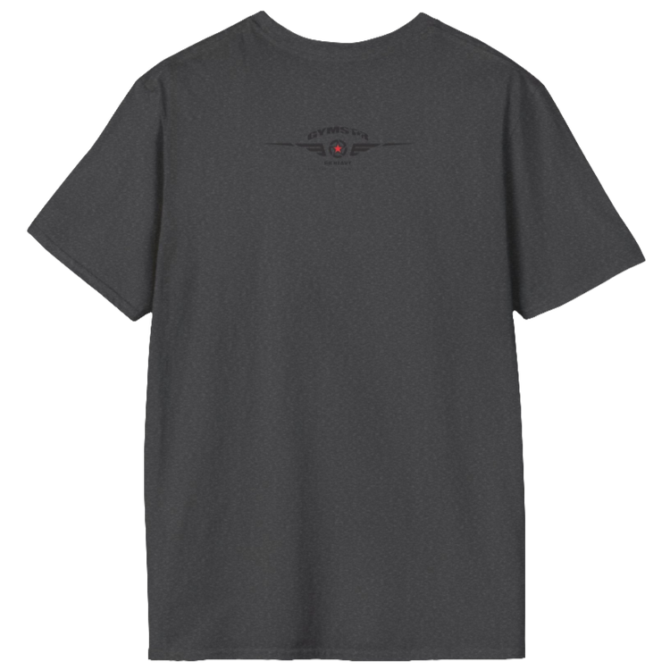 A grey Gymstar tee with a red and black graphic that reads 'No Guns No glory' and has a big star and a Man lifting dumbbellsl, presumably bodybulding or fitness. Rear view.
