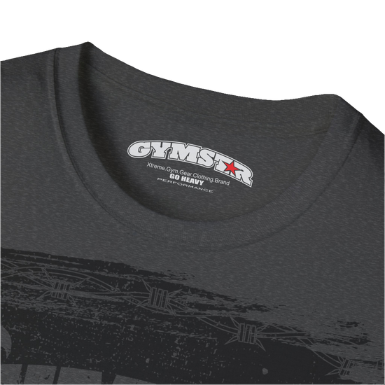 A grey Gymstar tee with a red and black graphic that reads 'No Guns No glory' and has a big star and a Man lifting dumbbellsl, presumably bodybulding or fitness. Logo close up view.