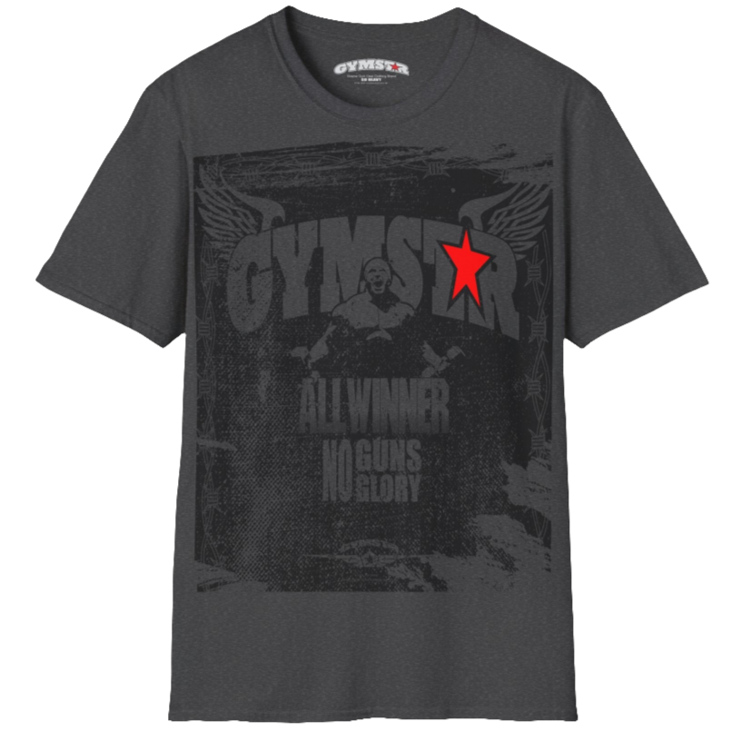 A grey Gymstar tee with a red and black graphic that reads 'No Guns No glory' and has a big star and a Man lifting dumbbellsl, presumably bodybulding or fitness. Front view.