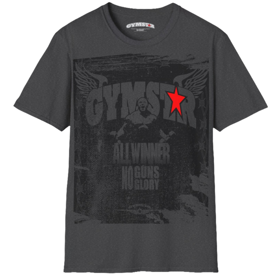 A grey Gymstar tee with a red and black graphic that reads 'No Guns No glory' and has a big star and a Man lifting dumbbellsl, presumably bodybulding or fitness. Front view.