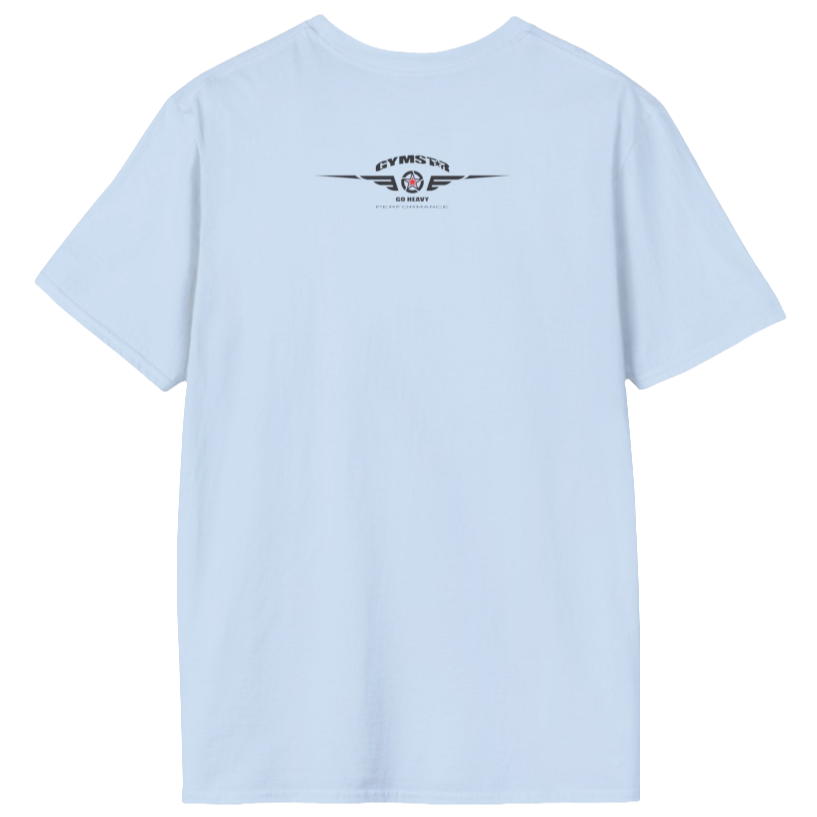 A Carolina blue Gymstar tee with a red and black graphic that reads 'No Guns No glory' and has a big star and a Man lifting dumbbellsl, presumably bodybulding or fitness. Rear  view.