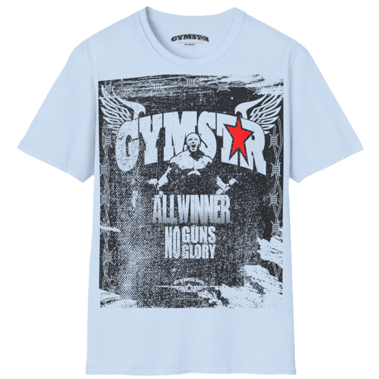 A Carolina Blue Gymstar tee with a red and black graphic that reads 'No Guns No glory' and has a big star and a Man lifting dumbbellsl, presumably bodybulding or fitness. Front view.