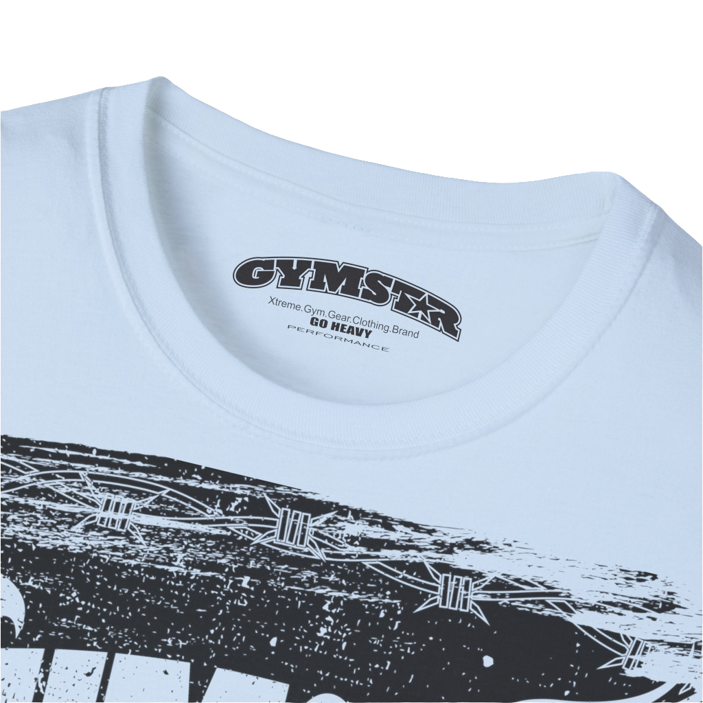A Carolina blue Gymstar tee with a red and black graphic that reads 'No Guns No glory' and has a big star and a Man lifting dumbbellsl, presumably bodybulding or fitness.  Logo Close up view.