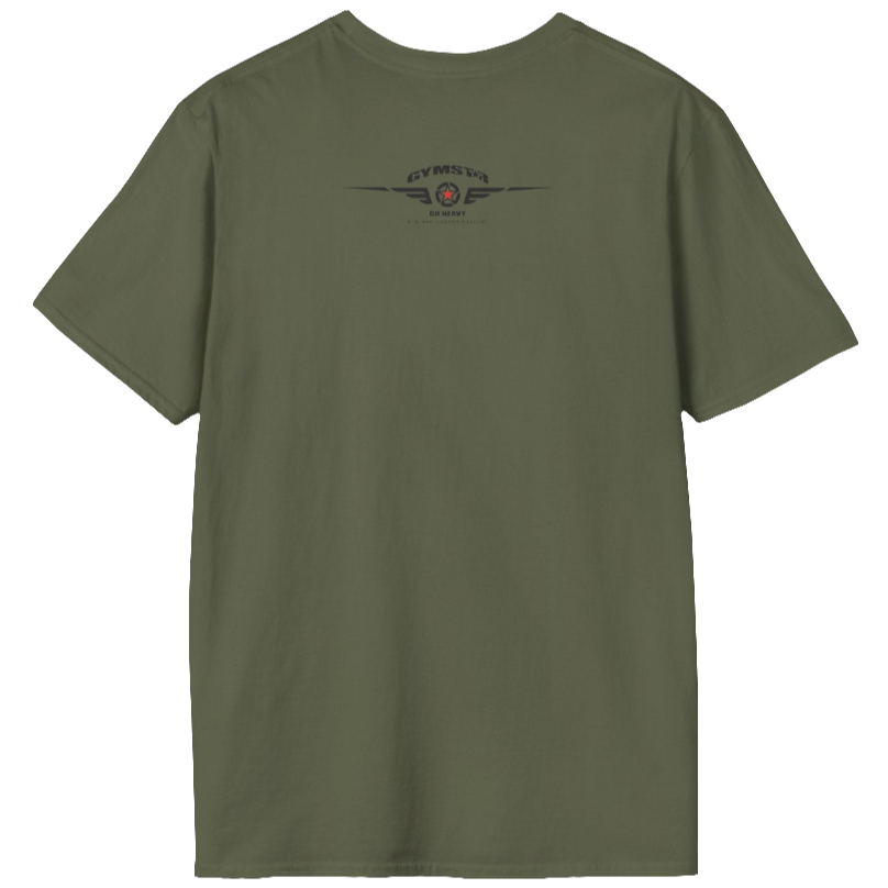 A military grey Gymstar tee with a red and black graphic that reads 'No Guns No glory' and has a big star and a Man lifting dumbbellsl, presumably bodybulding or fitness. Rear view.