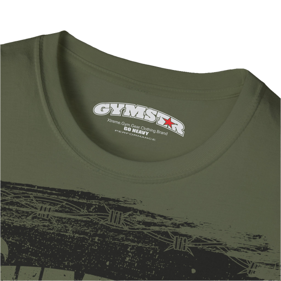A militari green Gymstar tee with a red and black graphic that reads 'No Guns No glory' and has a big star and a Man lifting dumbbellsl, presumably bodybulding or fitness. Logo Close up view.
