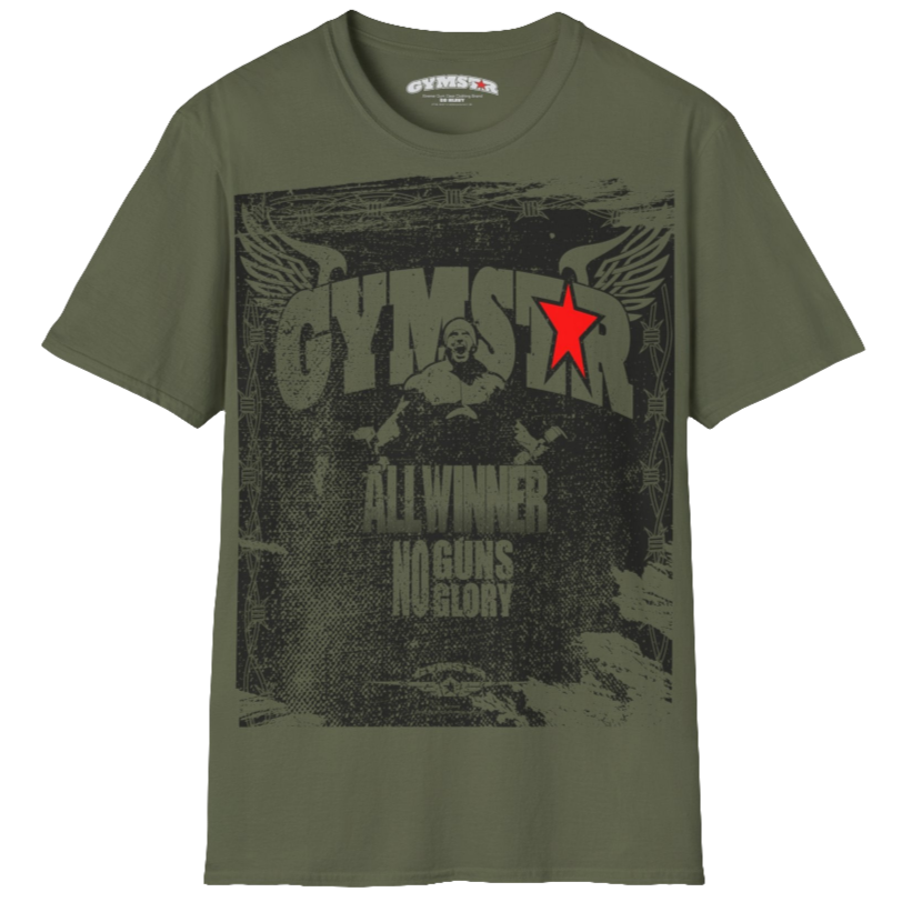 A military green Gymstar tee with a red and black graphic that reads 'No Guns No glory' and has a big star and a Man lifting dumbbellsl, presumably bodybulding or fitness. Front view.