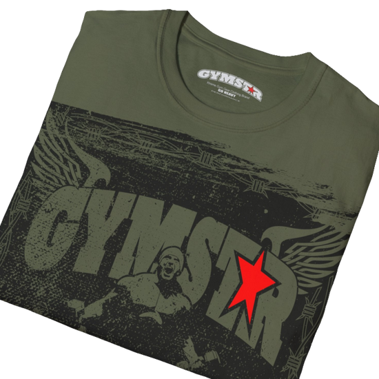 A militari green Gymstar tee with a red and black graphic that reads 'No Guns No glory' and has a big star and a Man lifting dumbbellsl, presumably bodybulding or fitness. Close up view.
