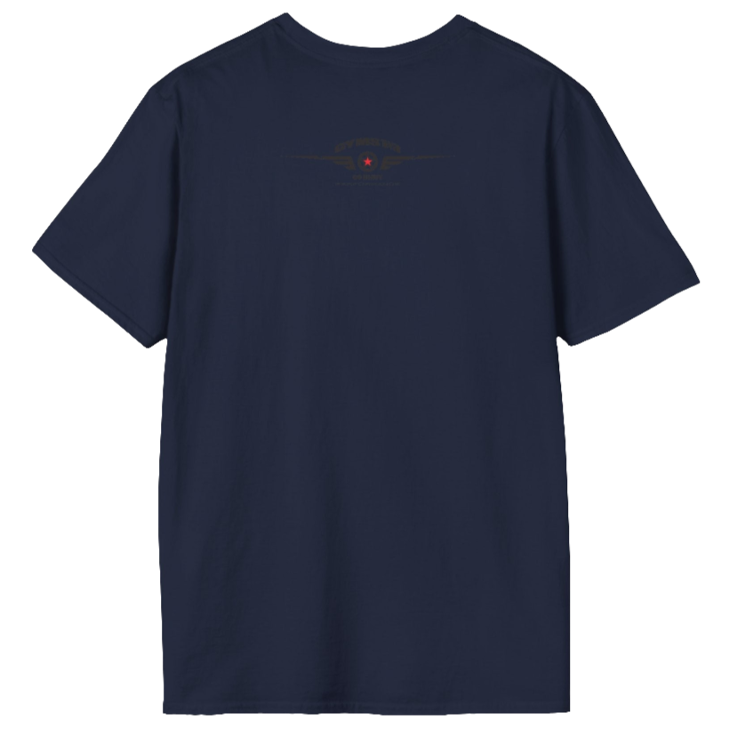 A navy blue Gymstar tee with a red and black graphic that reads 'No Guns No glory' and has a big star and a Man lifting dumbbellsl, presumably bodybulding or fitness. Rear view.