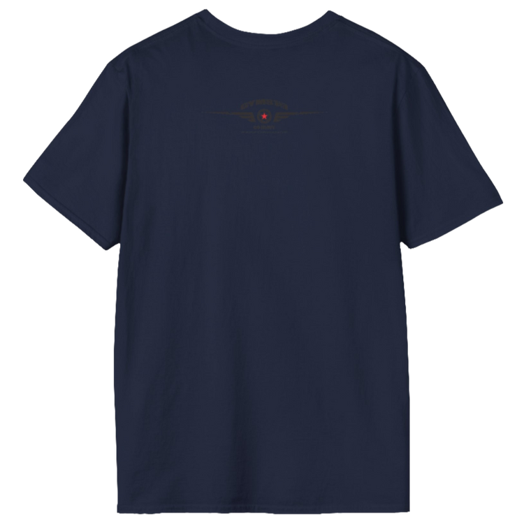 A navy blue Gymstar tee with a red and black graphic that reads 'No Guns No glory' and has a big star and a Man lifting dumbbellsl, presumably bodybulding or fitness. Rear view.