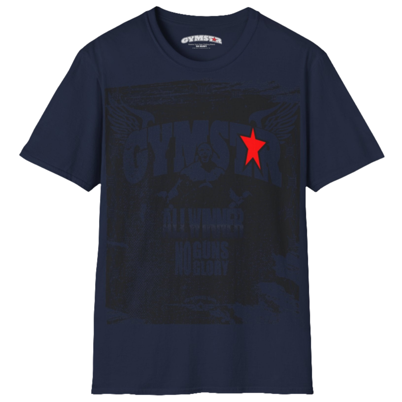 A white Gymstar tee with a red and black graphic that reads 'No Guns No glory' and has a big star and a Man lifting dumbbellsl, presumably bodybulding or fitness. Front view.