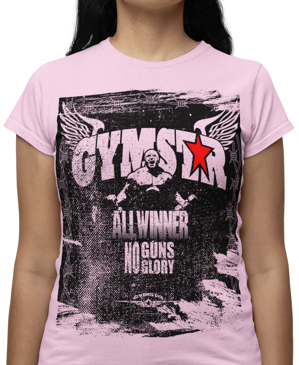 The image shows awoman wearing  a black sports t-shirt Gymstar with the text 'GYMSTAR Allwiner No Guns No glory ' and a bodybuilder graphics and logo. Front close up view.