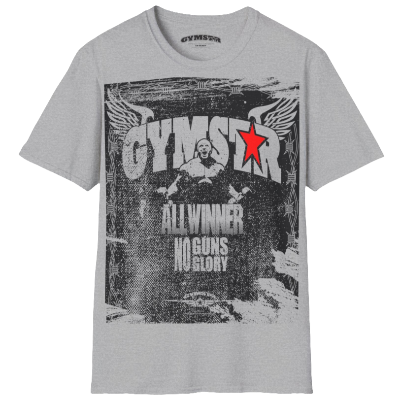 A silver grey Gymstar tee with a red and black graphic that reads 'No Guns No glory' and has a big star and a Man lifting dumbbellsl, presumably bodybulding or fitness. Front view.