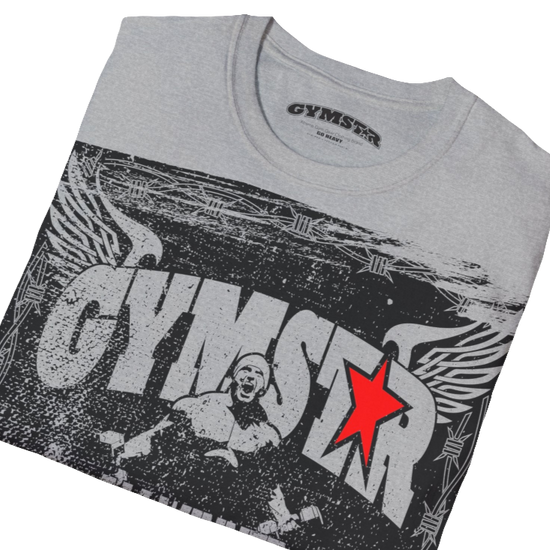 A silver grey Gymstar tee with a red and black graphic that reads 'No Guns No glory' and has a big star and a Man lifting dumbbellsl, presumably bodybulding or fitness. Close up view.