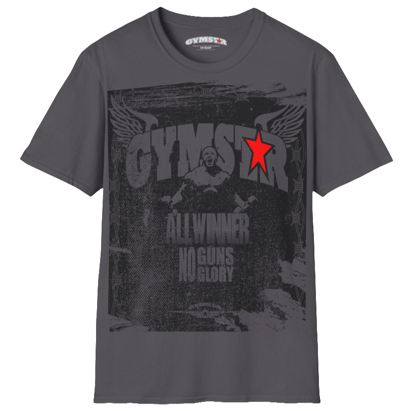 A sport grey Gymstar tee with a red and black graphic that reads 'No Guns No glory' and has a big star and a Man lifting dumbbellsl, presumably bodybulding or fitness. Front view.