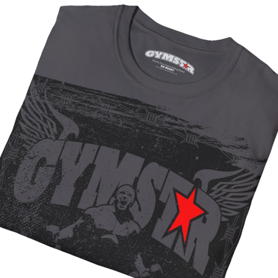 A navy blue Gymstar tee with a red and black graphic that reads 'No Guns No glory' and has a big star and a Man lifting dumbbellsl, presumably bodybulding or fitness.  Close up view.