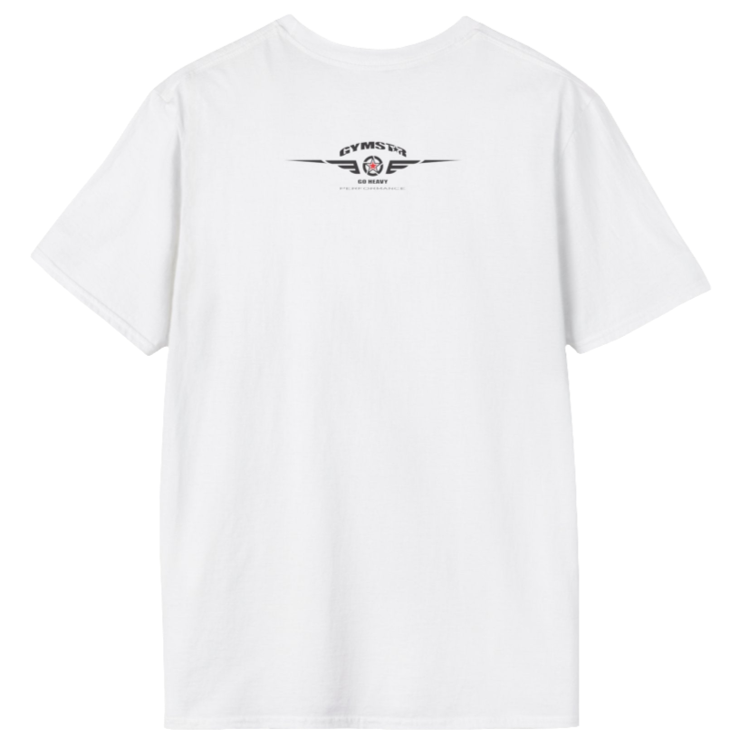 A white Gymstar tee with a red and black graphic that reads 'No Guns No glory' and has a big star and a Man lifting dumbbellsl, presumably bodybulding or fitness. Rear view.
