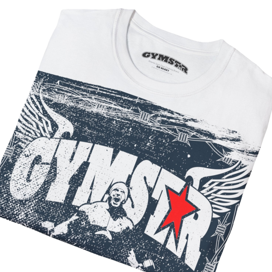 A white Gymstar tee with a red and black graphic that reads 'No Guns No glory' and has a big star and a Man lifting dumbbellsl, presumably bodybulding or fitness.  Close up view.