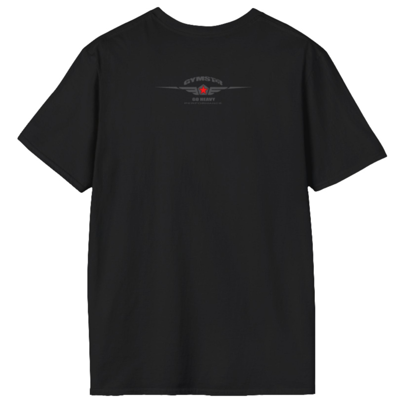 A  black Gymstar t-shirt with a graphic print No Pain No Gain and a bodybuilder in the center, designed for fitness and sports. Rare view.