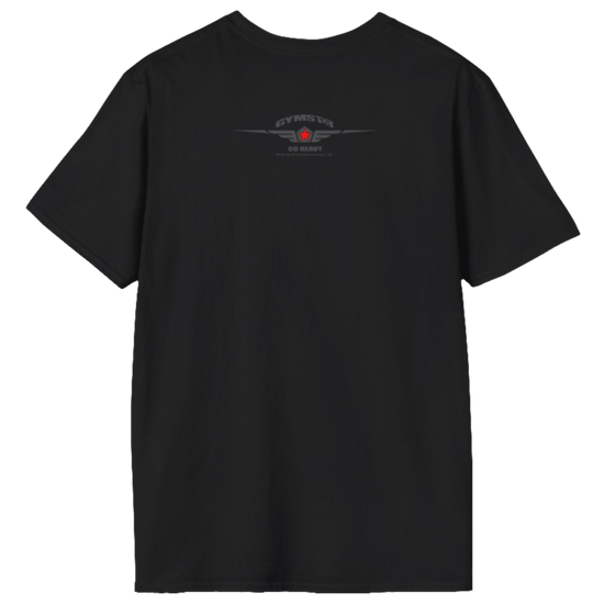A  black Gymstar t-shirt with a graphic print No Pain No Gain and a bodybuilder in the center, designed for fitness and sports. Rare view.