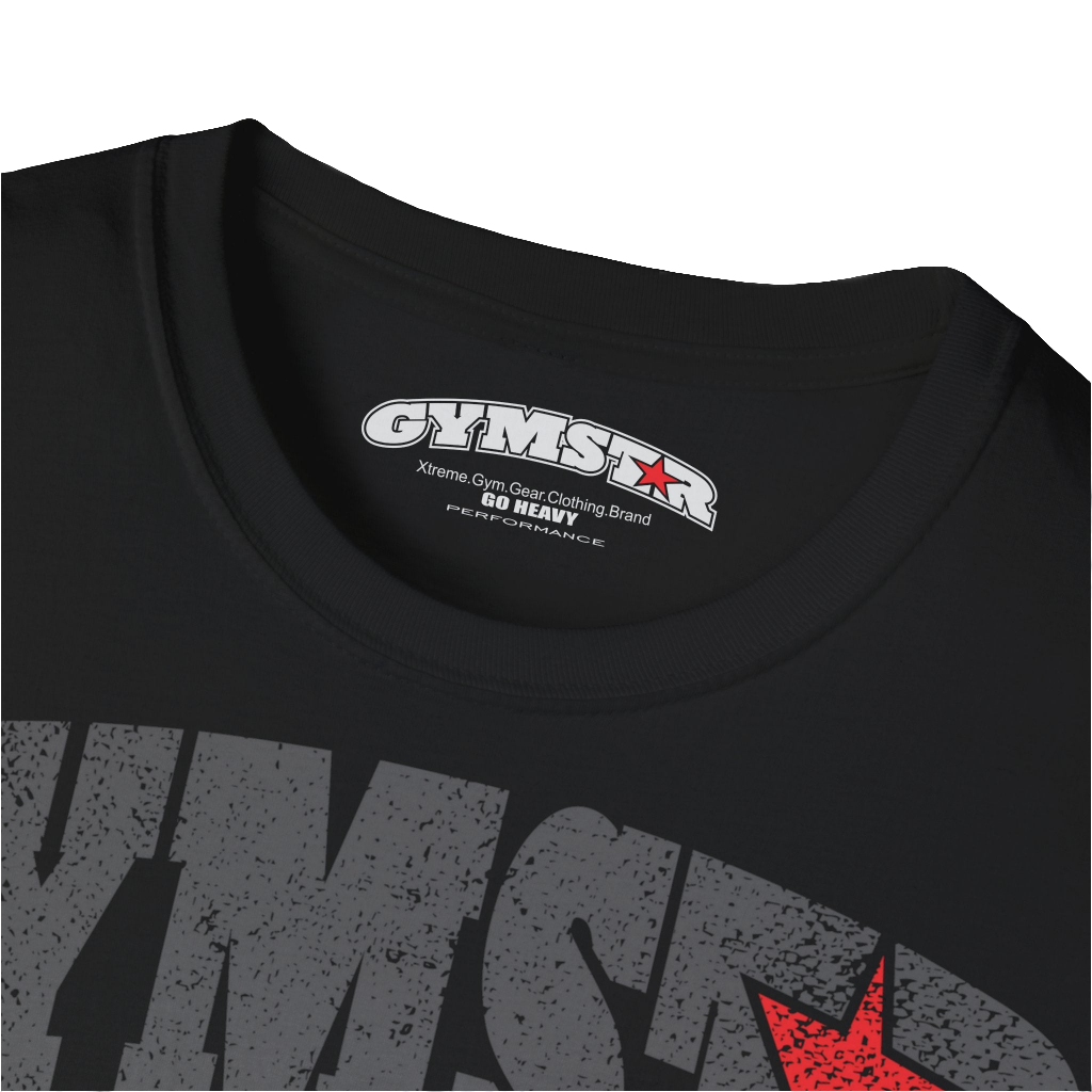 A  black Gymstar t-shirt with a graphic print No Pain No Gain and a bodybuilder in the center, designed for fitness and sports. Front logo close up view.