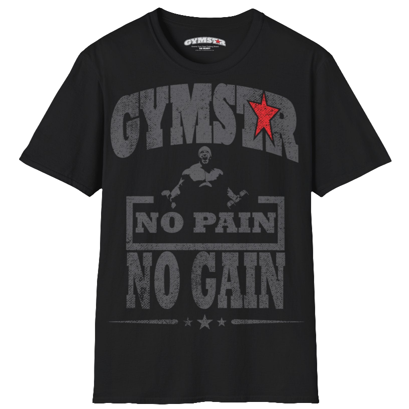 A  black Gymstar t-shirt with a graphic print No Pain No Gain and a bodybuilder in the center, designed for fitness and sports. Front view.