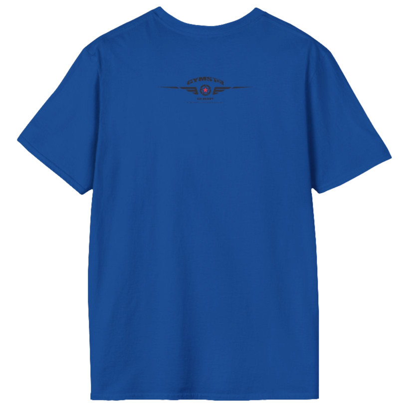 A  blue Gymstar t-shirt with a graphic print No Pain No Gain and a bodybuilder in the center, designed for fitness and sports. Rare view.