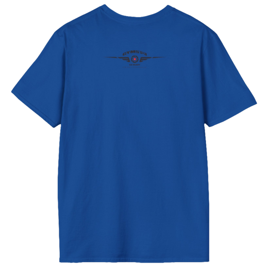 A  blue Gymstar t-shirt with a graphic print No Pain No Gain and a bodybuilder in the center, designed for fitness and sports. Rare view.