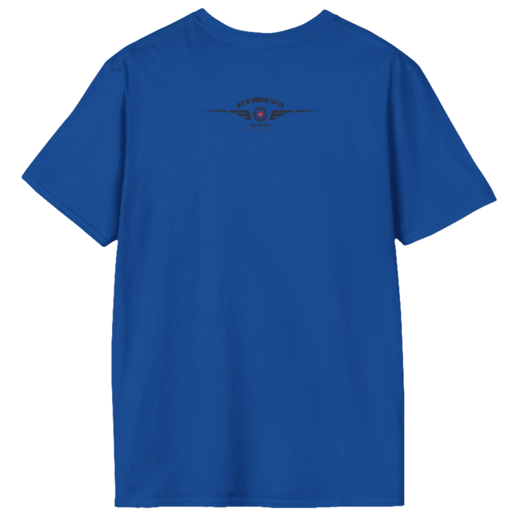 A  blue Gymstar t-shirt with a graphic print No Pain No Gain and a bodybuilder in the center, designed for fitness and sports. Rare view.