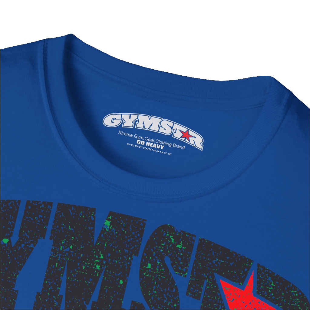 A  blue Gymstar t-shirt with a graphic print No Pain No Gain and a bodybuilder in the center, designed for fitness and sports. Front logo close up view.
