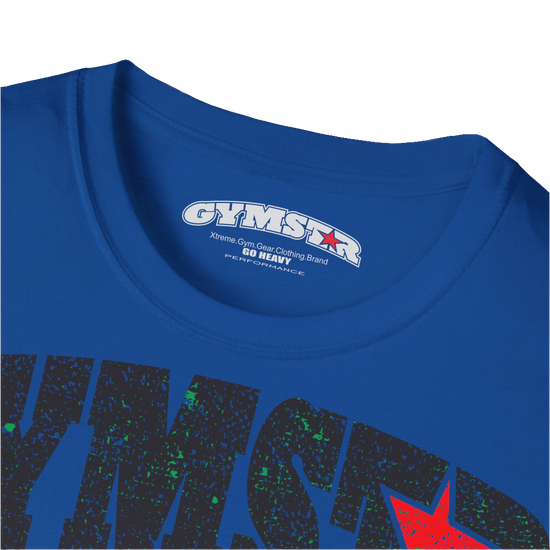 A  blue Gymstar t-shirt with a graphic print No Pain No Gain and a bodybuilder in the center, designed for fitness and sports. Front logo close up view.