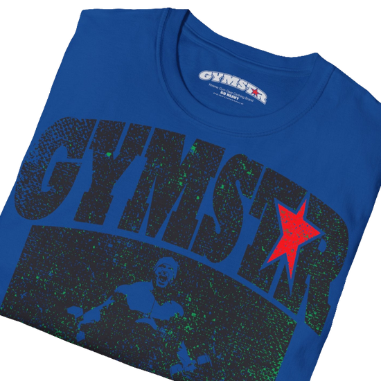 A  blue Gymstar t-shirt with a graphic print No Pain No Gain and a bodybuilder in the center, designed for fitness and sports. Front close up view.