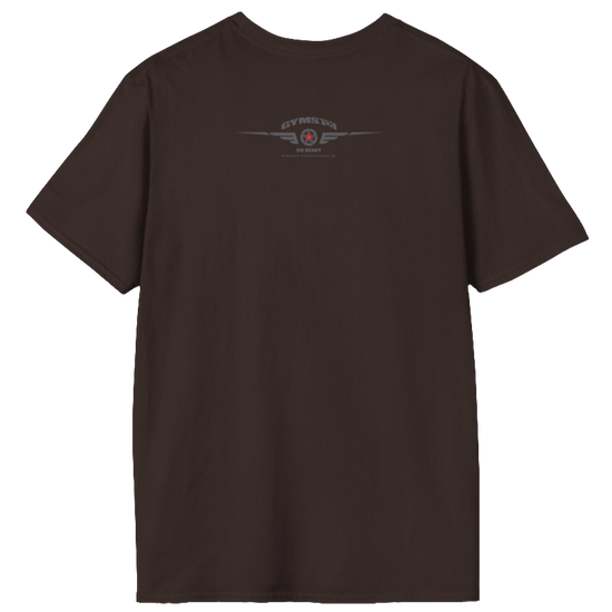 A  brown Gymstar t-shirt with a graphic print No Pain No Gain and a bodybuilder in the center, designed for fitness and sports. Rear view.