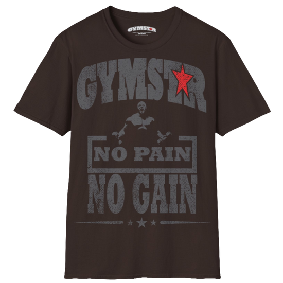 A  broun Gymstar t-shirt with a graphic print No Pain No Gain and a bodybuilder in the center, designed for fitness and sports. Front view.