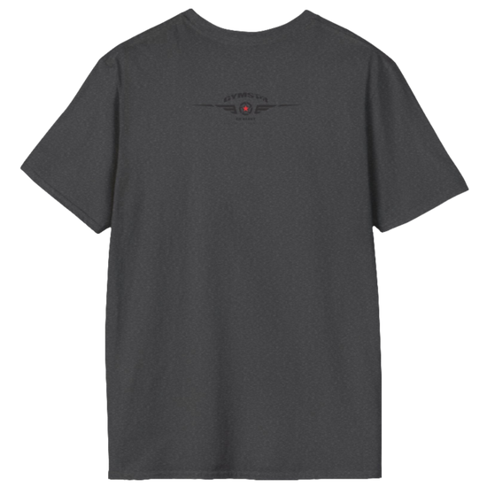 A  grey Gymstar t-shirt with a graphic print No Pain No Gain and a bodybuilder in the center, designed for fitness and sports. Front logo close up view.