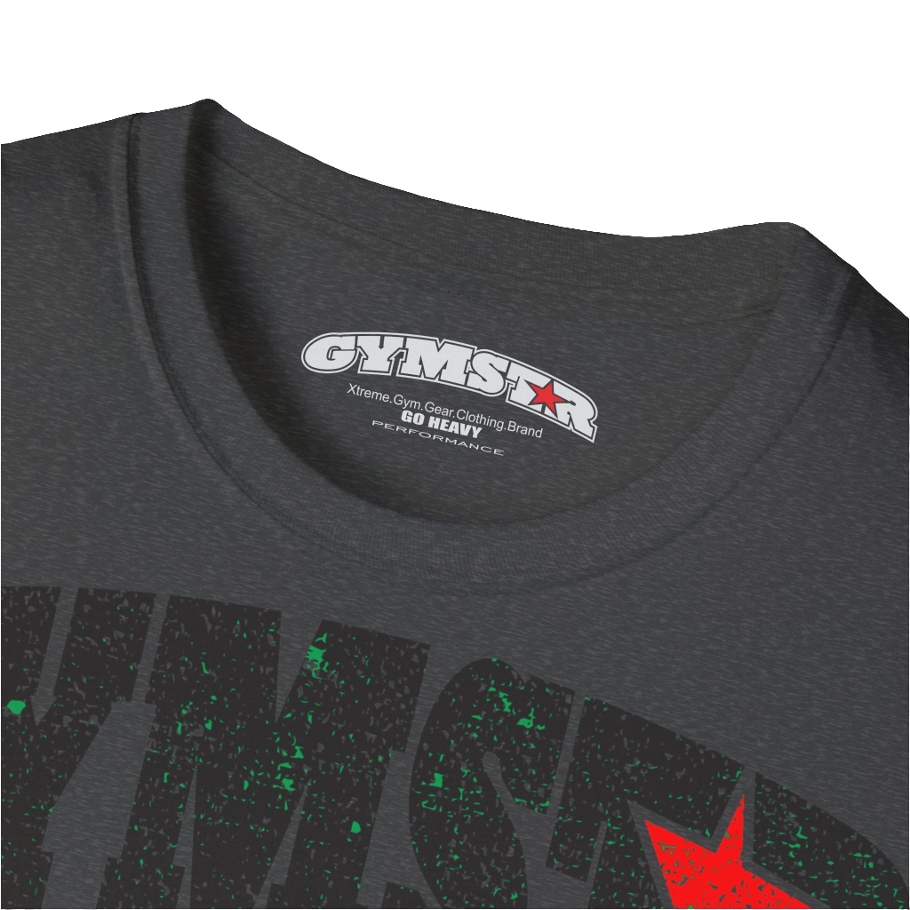 A  grey Gymstar t-shirt with a graphic print No Pain No Gain and a bodybuilder in the center, designed for fitness and sports. Front logo close up view.