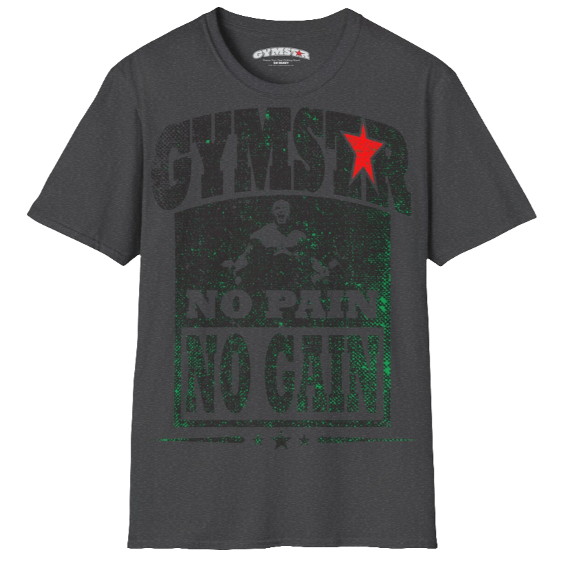 A  grey Gymstar t-shirt with a graphic print No Pain No Gain and a bodybuilder in the center, designed for fitness and sports. Front view.