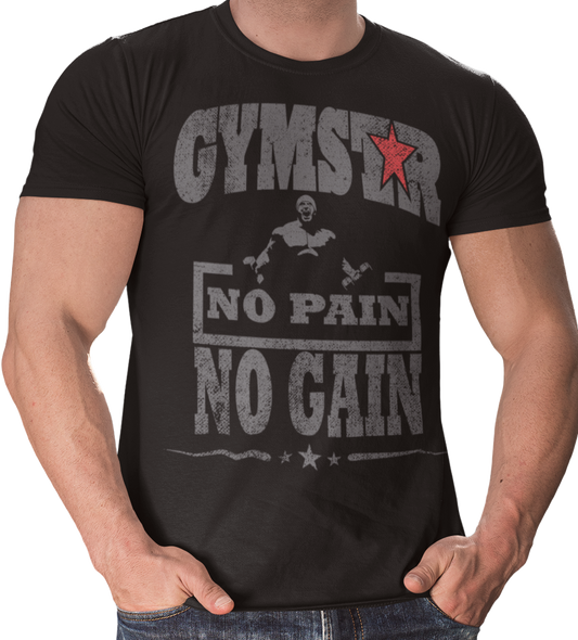 A person wearing a black Gymstar Fitness t-shirt with the text 'GYMSTAR NO PAIN NO GAIN' on the front.