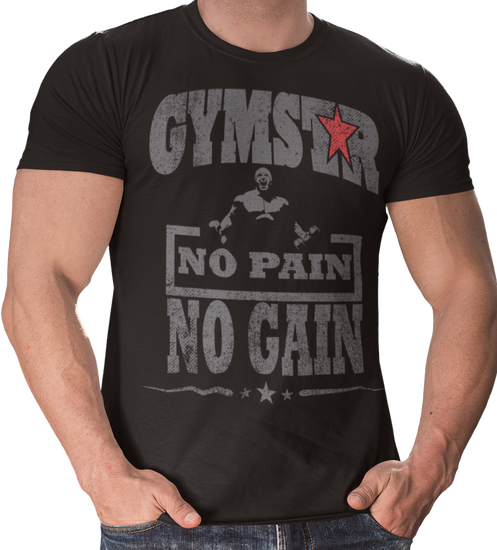 A person wearing a black Gymstar Fitness t-shirt with the text 'GYMSTAR NO PAIN NO GAIN' on the front.