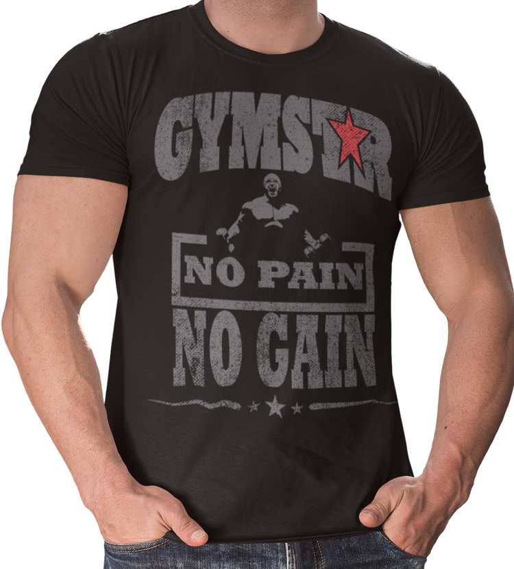 A person wearing a black Gymstar Fitness t-shirt with the text 'GYMSTAR NO PAIN NO GAIN' on the front.