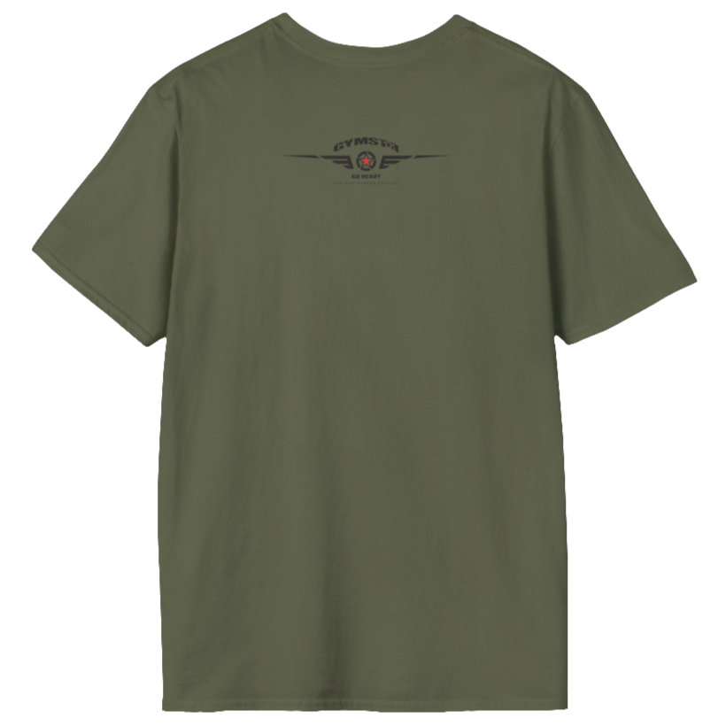 A  military green Gymstar t-shirt with a graphic print No Pain No Gain and a bodybuilder in the center, designed for fitness and sports. Rare view.