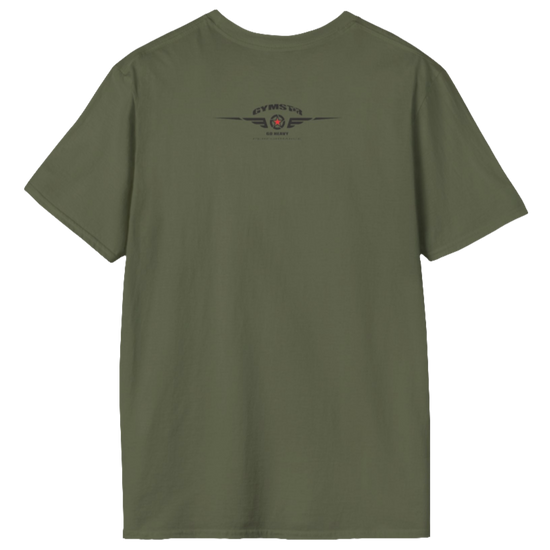 A  military green Gymstar t-shirt with a graphic print No Pain No Gain and a bodybuilder in the center, designed for fitness and sports. Rare view.
