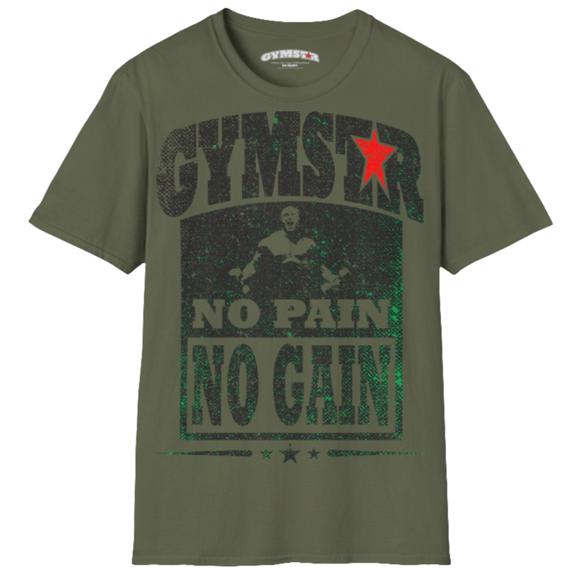 A  military green Gymstar t-shirt with a graphic print No Pain No Gain and a bodybuilder in the center, designed for fitness and sports. Front view.