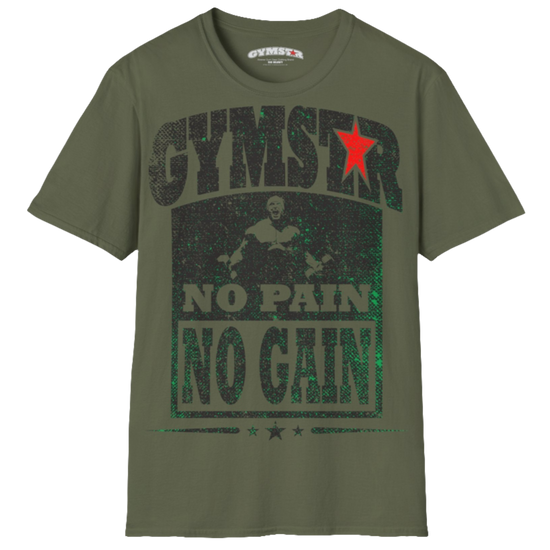 A  military green Gymstar t-shirt with a graphic print No Pain No Gain and a bodybuilder in the center, designed for fitness and sports. Front view.