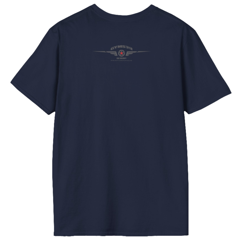 A  deep navy Gymstar t-shirt with a graphic print No Pain No Gain and a bodybuilder in the center, designed for fitness and sports. Rear view.