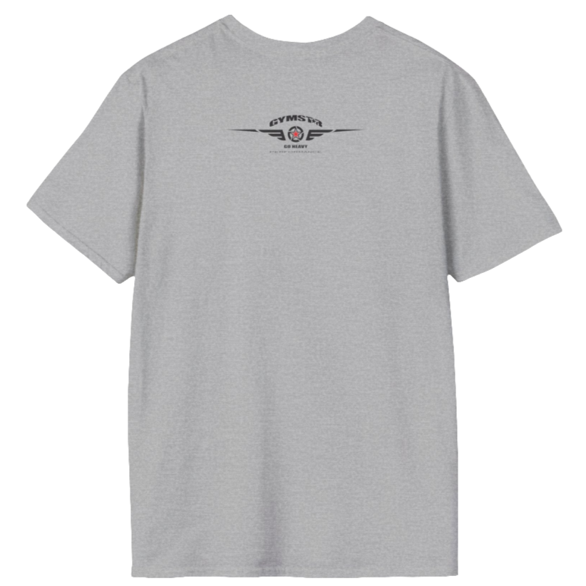 A  silver grey Gymstar t-shirt with a graphic print No Pain No Gain and a bodybuilder in the center, designed for fitness and sports. Rare view.