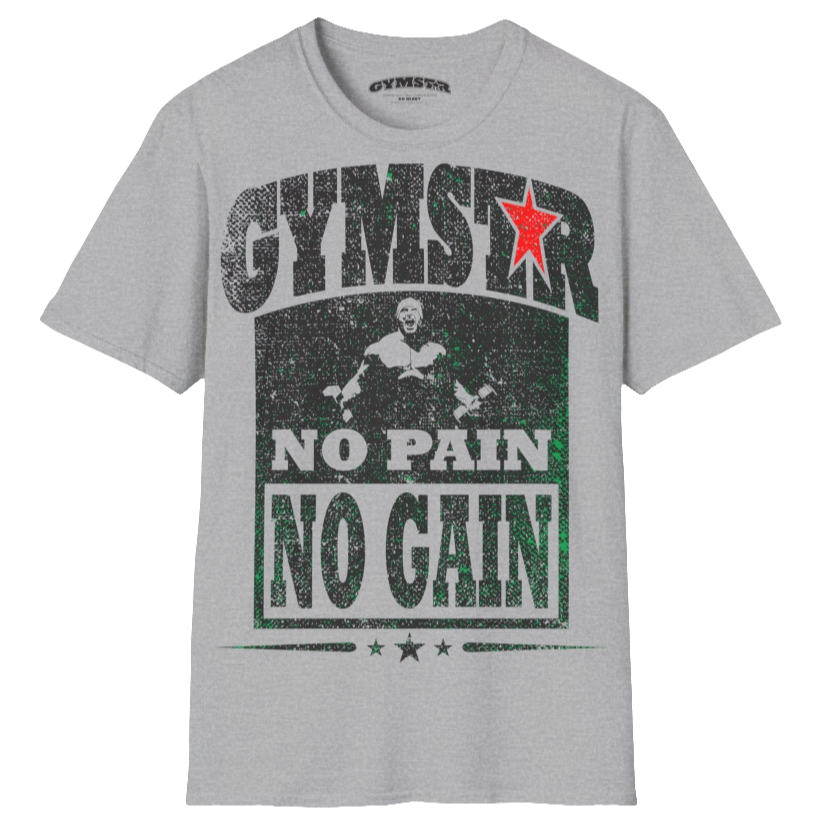 A  silver grey Gymstar t-shirt with a graphic print No Pain No Gain and a bodybuilder in the center, designed for fitness and sports. Front view.